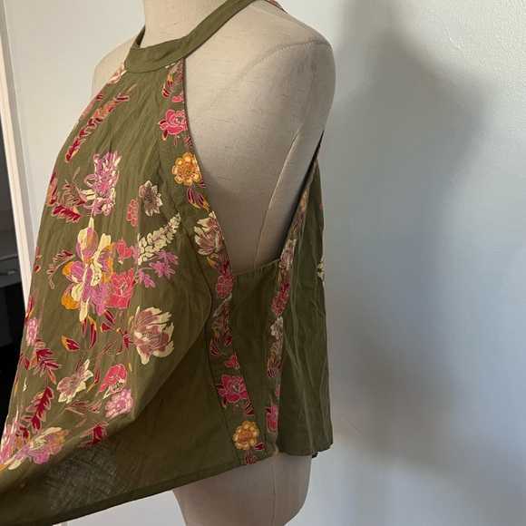 Free People Olive Floral Halter Mini Dress Boho Cotton Lined Side Zip Size XS - Picture 3 of 12